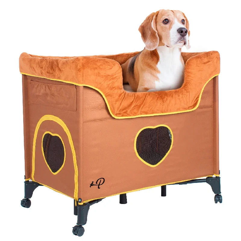 Bedside Lounge Two-Level Pet Bed, 2 Side Pockets, Three Zippered Doors, Mesh Windows, Travel-Friendly with Wheels/Tote Bag, Supports up to 100LBS for Small/Medium/Large Pets