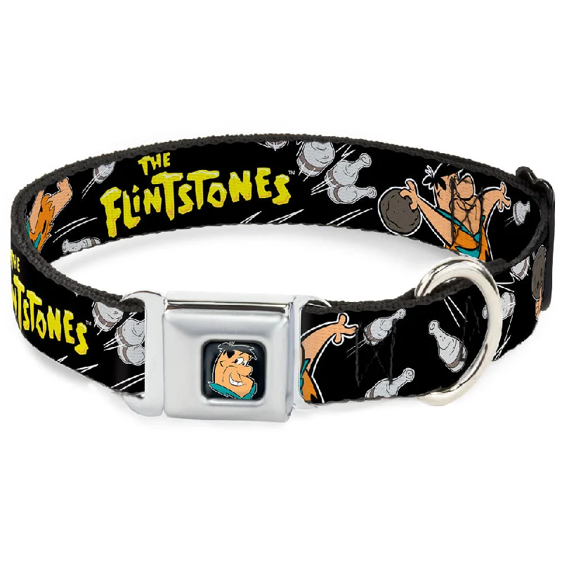 Fred Face Full Color Black Seatbelt Buckle Collar - Dog Collar FSE-Fred Face Full Color Black - THE FLINTSTONES Fred Bowling Poses/Bowling Pins Black