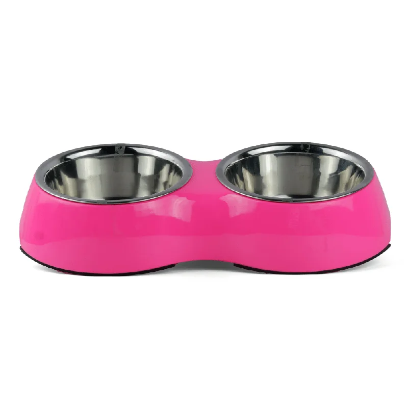 Basil Double Melamine Bowl Dinner Set for Dogs and Cats (Pink)