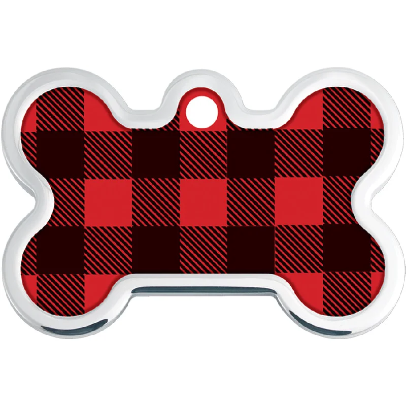 Red & Black Buffalo Check Medium Bone Raised Edge Pet ID Tag