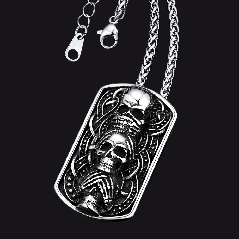 See No Evil, Hear No Evil, Speak No Evil Skulls Dog Tag Necklace